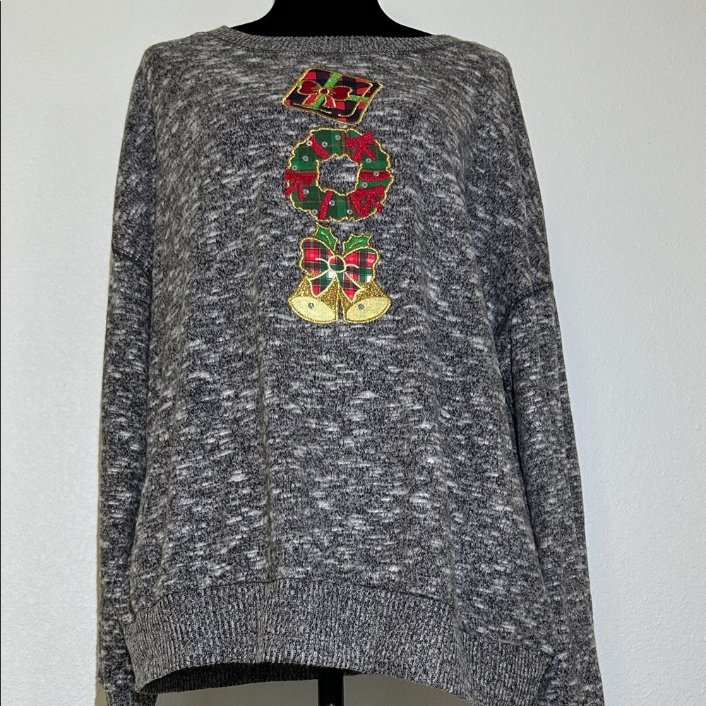 Gray Holiday Embroidered Crewneck Sweater - Women's